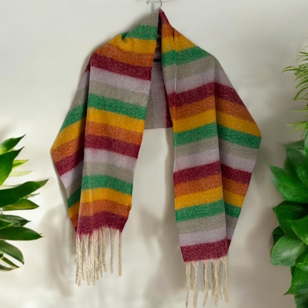 Blanket Scarf Multicolor Rainbow Wool Blend XL 80x20 inches Fringe